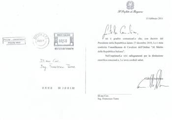 Lettera di conferimento onorificenza